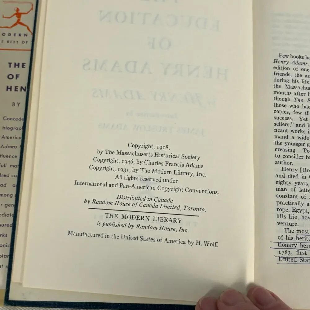 The Education of Henry Adams James Truslow Adams 1946 Modern Library #76